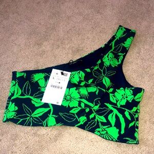 ZARA Blue Green Floral One Shoulder Asymmetric  Crop Top Women’s‎ Large NWT